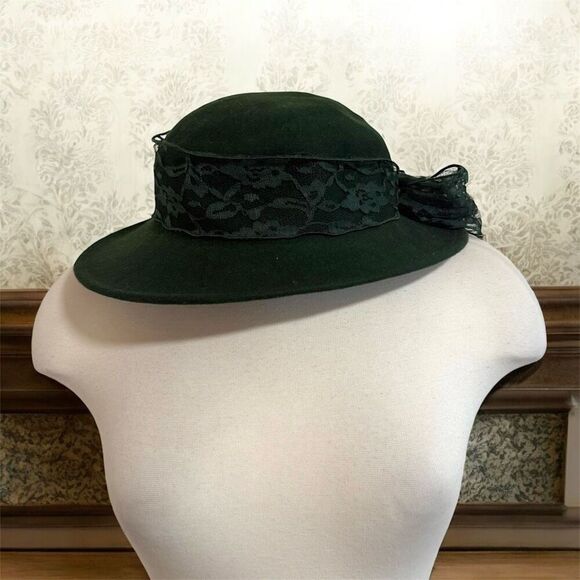 Vintage Green Lace Bow Fedora Felt Bowler Cap Hat - Picture 1 of 4